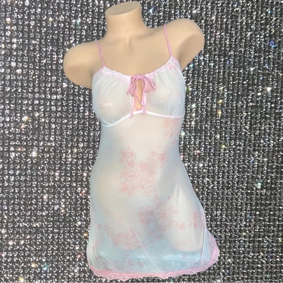 Nightgown dress mesh pink floral frilly lace bottom tie up milkmaid y2k 90s - Picture 3 of 5